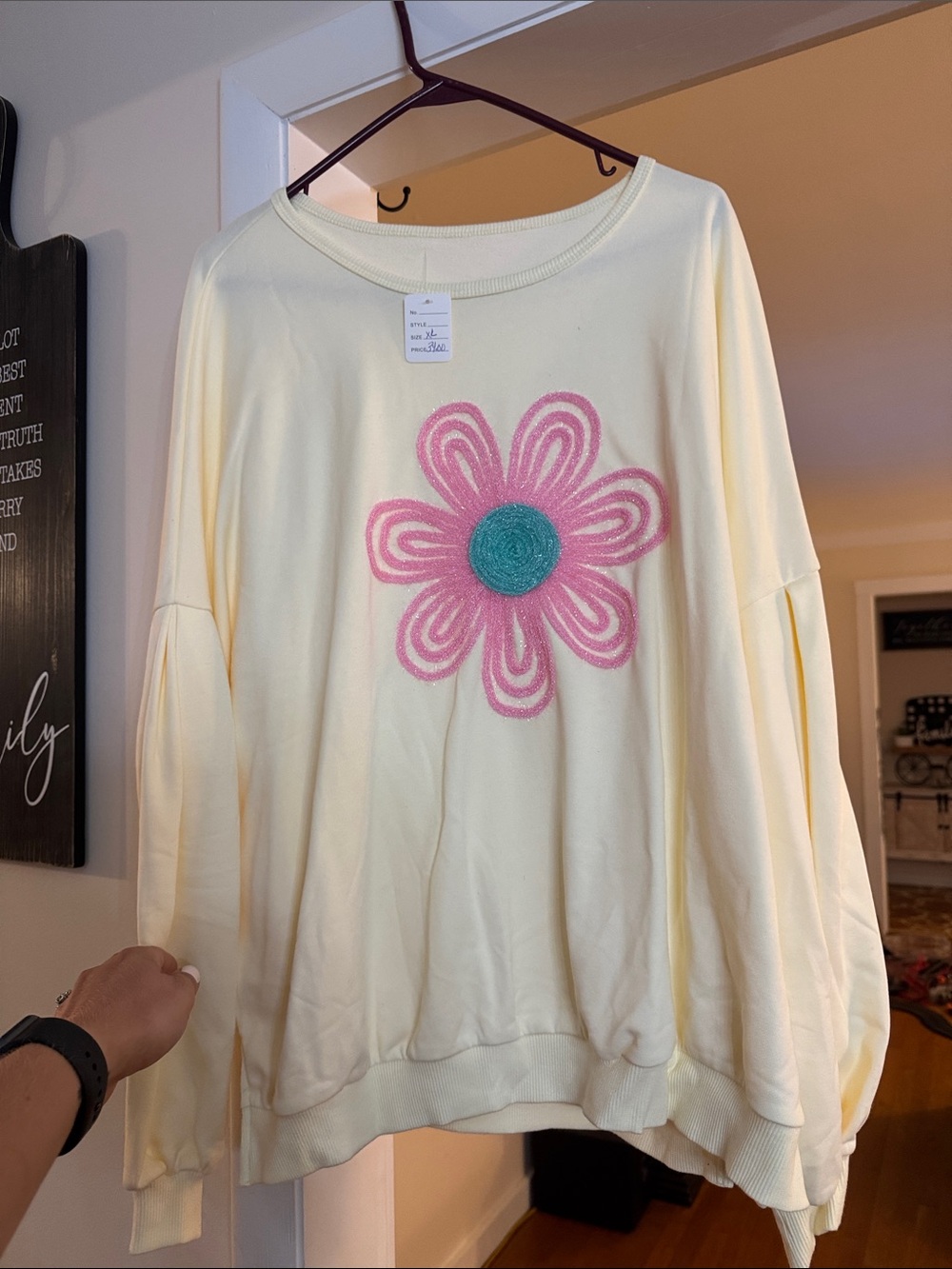 Women’s Light Yellow Sweatshirt with Pink Flower Accent